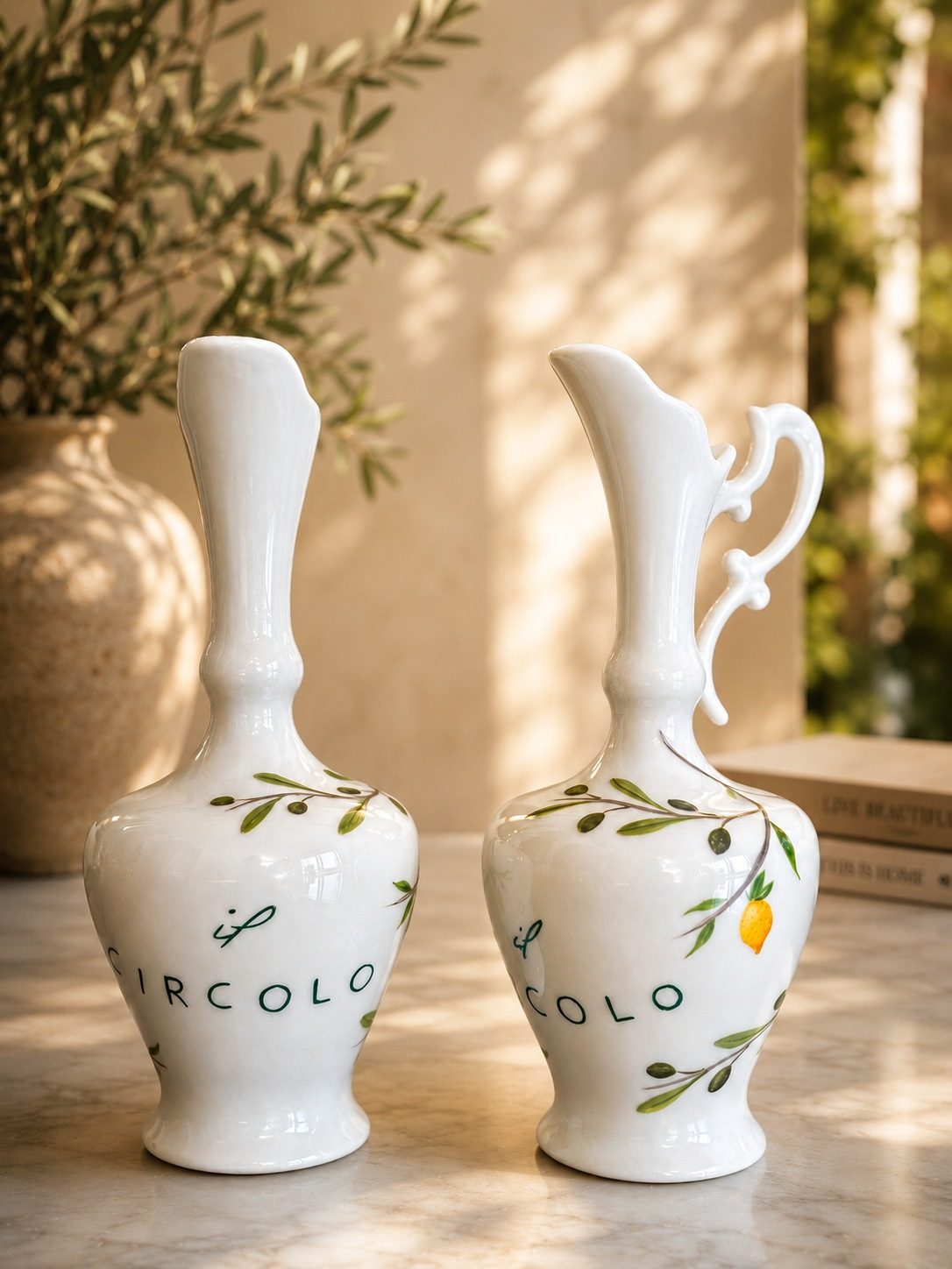 Two white porcelain table vases lettered Il Circolo, wrapped in painted olive branches and a lemon
