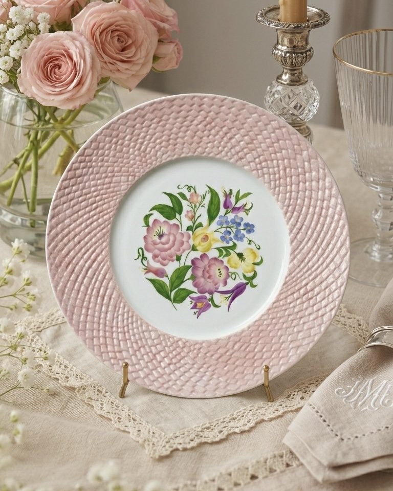 Porcelain plate with a pink woven relief rim and a hand-painted bouquet of flowers at its centre
