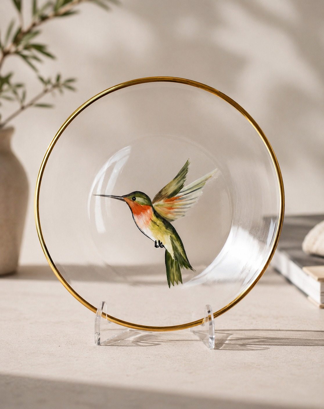 A green and red hummingbird painted on a clear glass plate with a fine gold rim