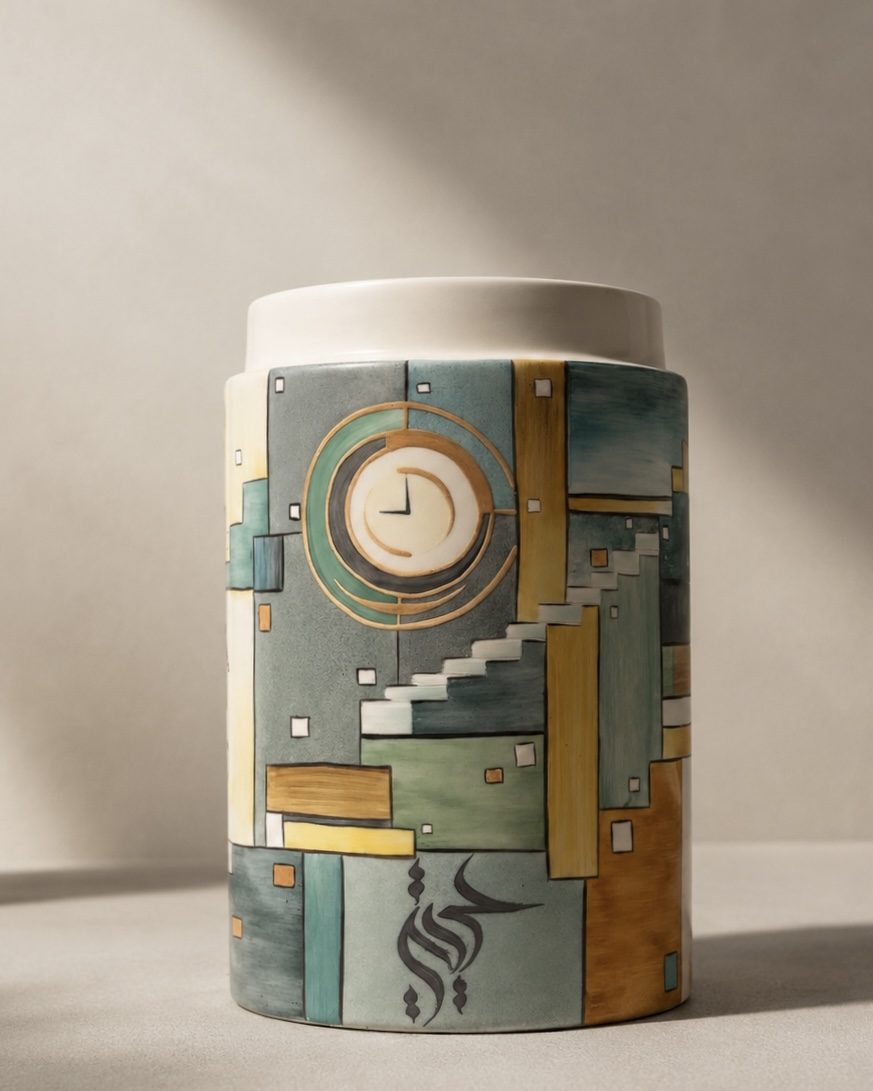 Cylindrical porcelain vase painted in blocks of teal, ochre and grey, with a gold clock, rising stairs and Arabic calligraphy