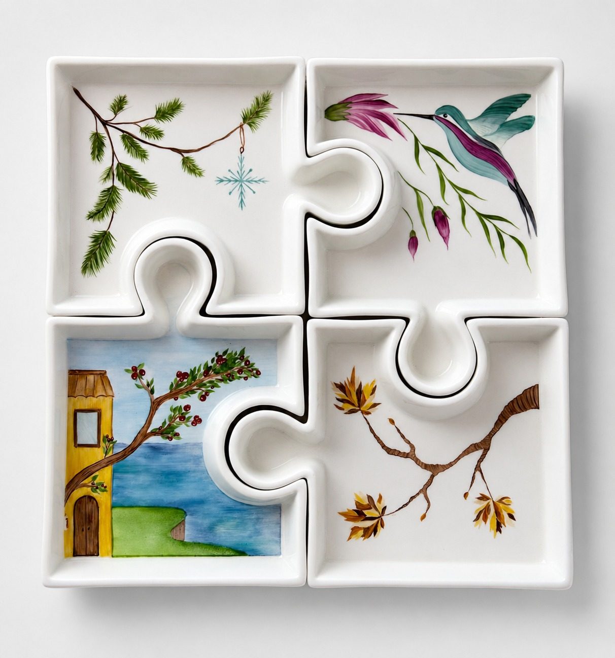 Four interlocking porcelain puzzle pieces painted with winter pine, a spring hummingbird, a summer house by the sea and autumn leaves