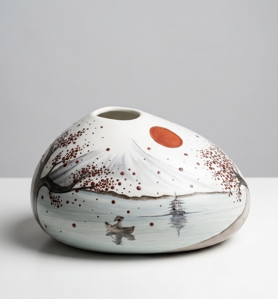 Seijaku, a low porcelain vase painted with a red sun, a white mountain, falling red leaves and a lone boatman on still water